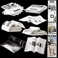 Modern Designed Books Magazines With Open Stacked Cover Pages And Inner Image Layouts