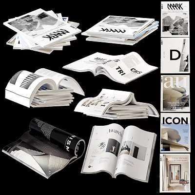 Modern Designed Books Magazines With Open Stacked Cover Pages And Inner Image Layouts 3d model