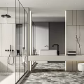 Modern Bathroom Interior Featuring Open Glass Shower Large Mirror Grey Patterned Tiles And Toilet