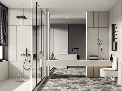 Modern Bathroom Interior Featuring Open Glass Shower Large Mirror Grey Patterned Tiles And Toilet 3d model