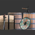 Decorative Ornament Set with Wooden Barrels Axe Sword and Shield