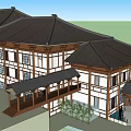 Chinese Style Hotel Building With Two Story Wooden Frame White Walls Balconies And Pool