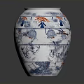 Ceramic Vase Sculpture Carving with Blue Red Birds and Plants Design