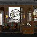 Traditional Chinese Restaurant Interior With Wooden Decor Lanterns And Circular Paintings
