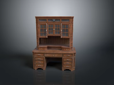 Traditional Wooden Writing Desk With Hutch Glass Door Cabinets And Drawers Design 3d model