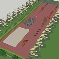Outdoor Playground Area With Pink Floor Colorful Structures Green Fence And Trees