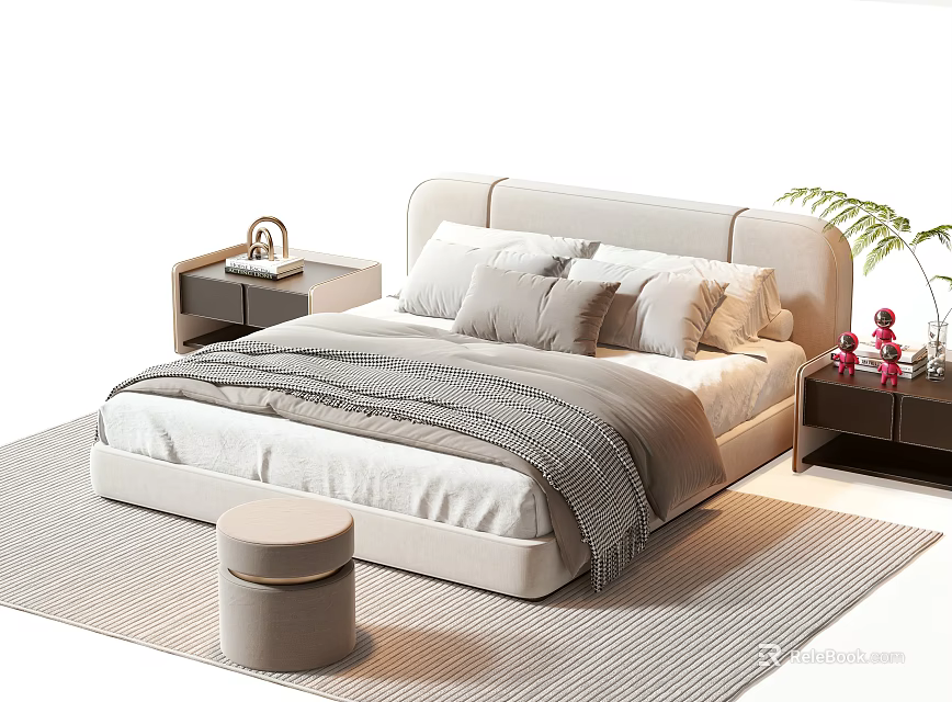 Modern Double Bed Interior With Upholstered Headboard Pillows Blanket Bedside Tables Green Plant And Stool 3d model 