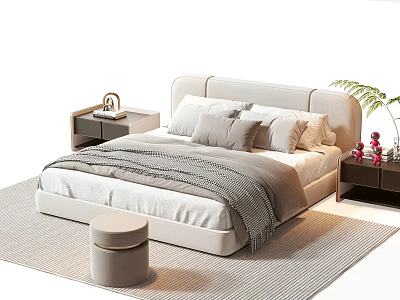 Modern Double Bed Interior With Upholstered Headboard Pillows Blanket Bedside Tables Green Plant And Stool 3d model