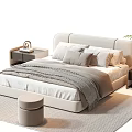 Modern Double Bed Interior With Upholstered Headboard Pillows Blanket Bedside Tables Green Plant And Stool