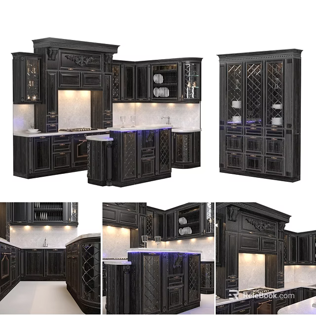 Luxury Dark Colored Kitchen Cabinets With Carved Details And Glass Doors 3d model 