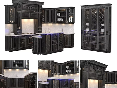 Luxury Dark Colored Kitchen Cabinets With Carved Details And Glass Doors 3d model