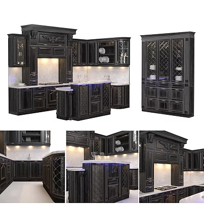 Luxury Dark Colored Kitchen Cabinets With Carved Details And Glass Doors 3d model