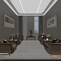Elegant Hotel Public Lounge with Brown Sofas Orange Cushions Decorative Paintings and Pink Flowers