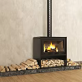 Black Fireplace With Burning Flames And Stacked Firewood On Beige Wall Wooden Floor