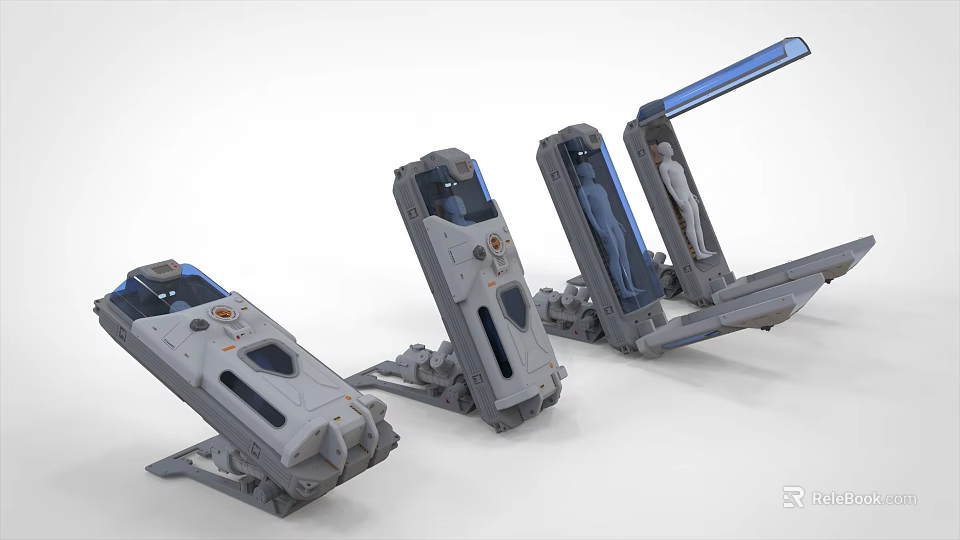 Three Industrial Equipment Units With Grey Body Blue Components And Metal Supports 3d model 