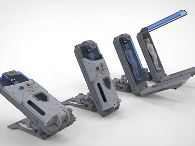 Three Industrial Equipment Units With Grey Body Blue Components And Metal Supports 3d model