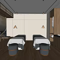 Relaxing SPA Sauna Interior With Massage Beds Wooden Flooring Wave Artwork And Wooden Elements