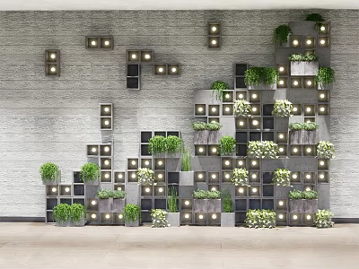 Modern Living Plant Wall With Square Grid Panels And Integrated Lighting 3d model