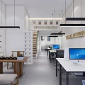 Modern Minimalist Office Interior With White Desks Computers Pendant Lights And Bookshelves