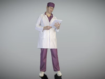 Man In White Lab Coat Purple Cap And Purple Scrubs Holding Tablet While Reading 3d model