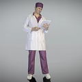 Man In White Lab Coat Purple Cap And Purple Scrubs Holding Tablet While Reading