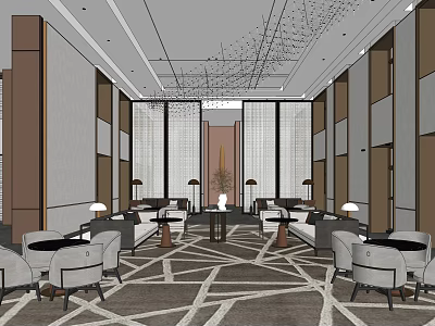 Modern Lounge Area with Spacious Interior Sofas Coffee Tables Patterned Carpet and Ambient Lighting 3d model