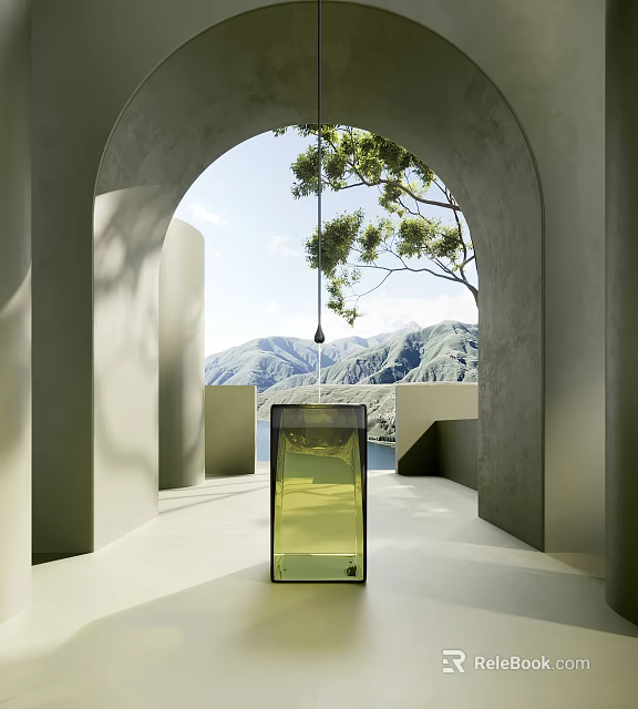 Modern Glass Washbasin In Arched Concrete Space With Mountain And Lake View 3d model 