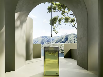 Modern Glass Washbasin In Arched Concrete Space With Mountain And Lake View 3d model