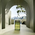 Modern Glass Washbasin In Arched Concrete Space With Mountain And Lake View