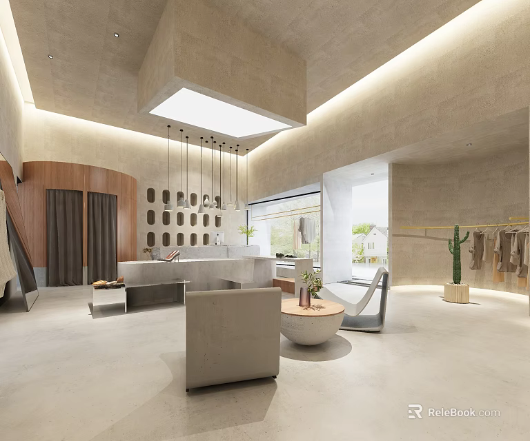 Elegant Clothing Store Interior Open Space Beige Tones Wooden Accents Hanging Lights And Display Racks 3d model 