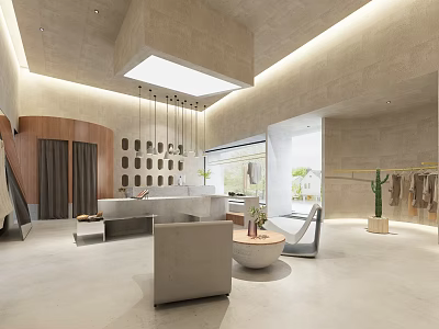 Elegant Clothing Store Interior Open Space Beige Tones Wooden Accents Hanging Lights And Display Racks 3d model