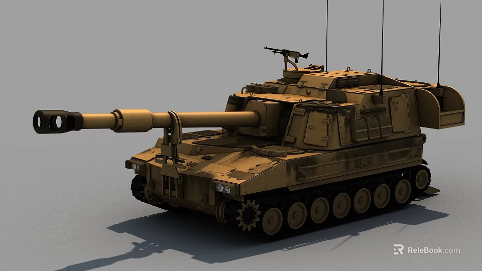 Detailed Tan Armored Tank With Military Cannon Machine Gun And Tracks 3d model 