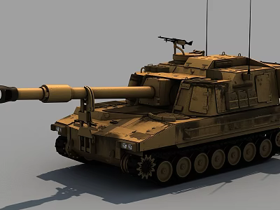Detailed Tan Armored Tank With Military Cannon Machine Gun And Tracks 3d model