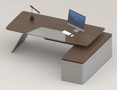 Modern Wooden Office Desk with Computer Monitor Desk Lamp and Drawer Cabinet 3d model