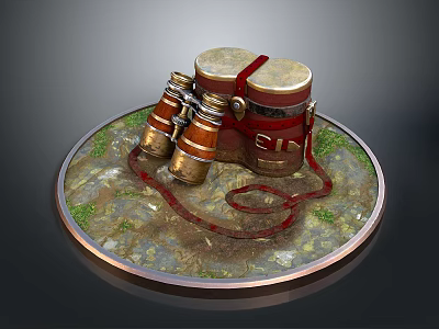 Vintage Daily Living Supplies with Binoculars Leather Case Red Strap Round Base and Moss 3d model