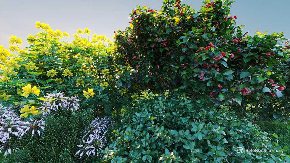 Lush Flowering Shrubs With Red Yellow Blooms And Green Foliage In Garden 3d model 