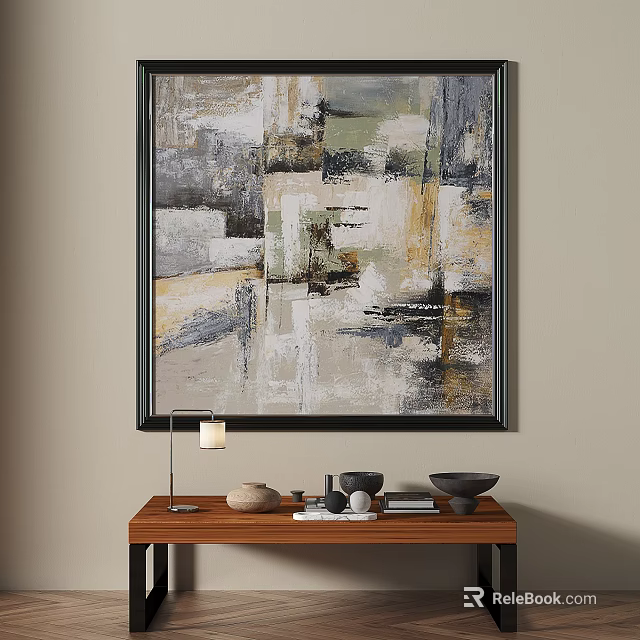 Contemporary Abstract Painting With Black Frame Gray Beige Green Yellow Tones On Wall 3d model 