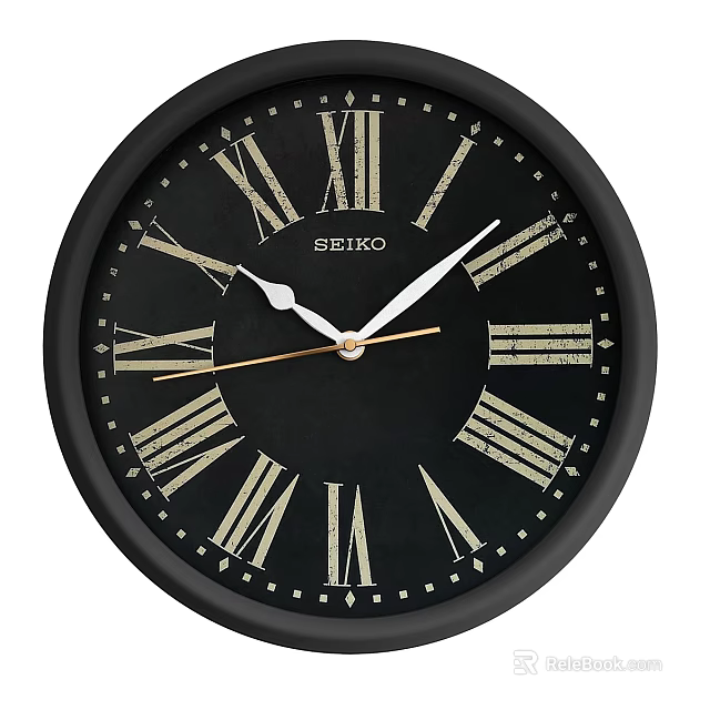 SEIKO Wall Clock With Black Dial And Golden Roman Numerals Black Frame 3d model 