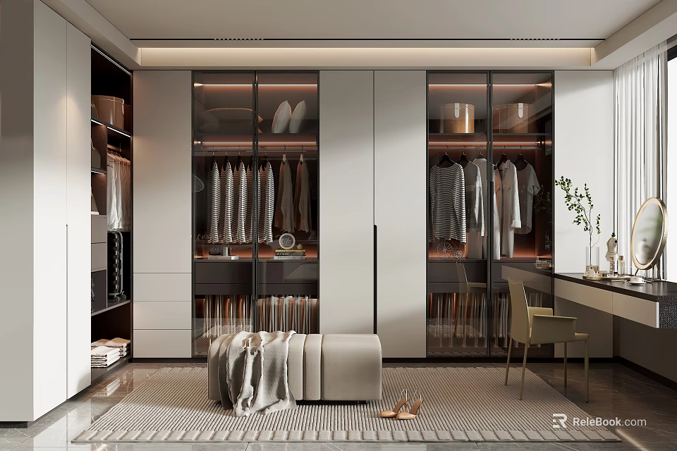Modern Walk in Closet Interior Design With Glass Doors Cabinets Hanging Clothes Bench And Rug 3d model 