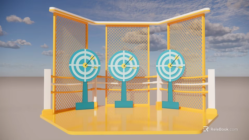 Outdoor Interactive Zone With Three Blue Targets And Yellow Fence Structure Design 3d model 