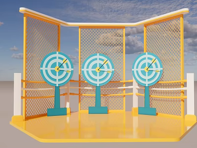 Outdoor Interactive Zone With Three Blue Targets And Yellow Fence Structure Design 3d model