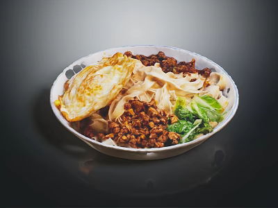 Delicious Wide Noodle Bowl With Fried Egg Minced Meat And Fresh Vegetables 3d model