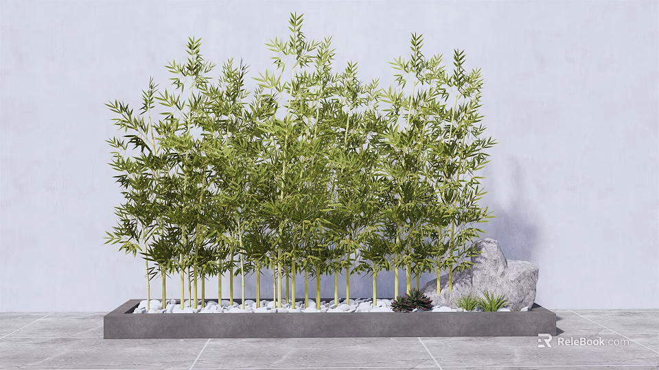 Lush Green Bamboo Plants in Decorative Planter with Stones and Small Plants 3d model 