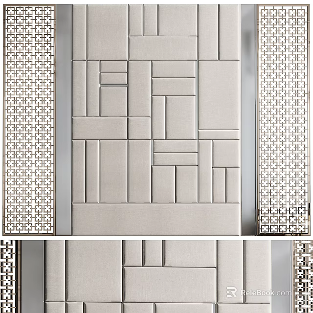 Modern Sofa Background Wall With Geometric Panels And Decorative Screens 3d model