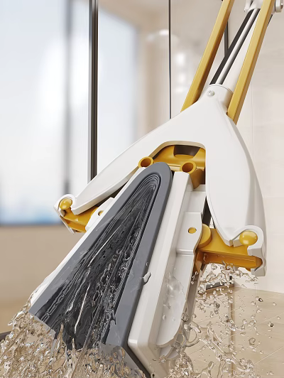 White And Yellow Floor Cleaning Mop With Squeeze Function For Daily Household Use 3d model