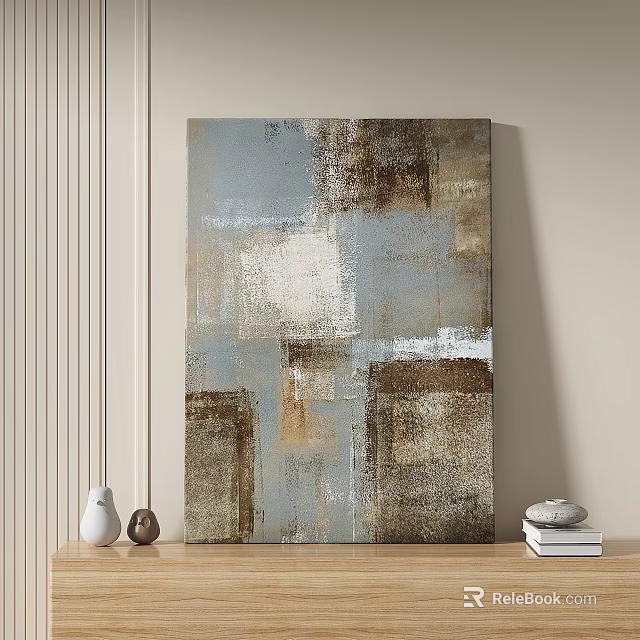 Abstract Painting Featuring Blue Brown Beige Tones Geometric Square Textured Surface Wall Decor 3d model 