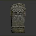 Scenic Natural Landscape With Weathered Ancient Stone Sculpture Carved Human Face And Mossy Base