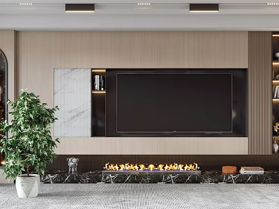 Modern TV Background Cabinet with Wooden Panel Marble Accent Fireplace and Potted Green Plant 3d model