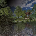 Tranquil Waterside Landscape With Chinese Pavilion Lush Trees Green Grass Rocks And Blue Sky