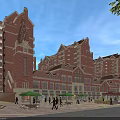 European Style Commercial Street With Red Brick Multi Storey Buildings Pedestrians Green Umbrellas And Trees